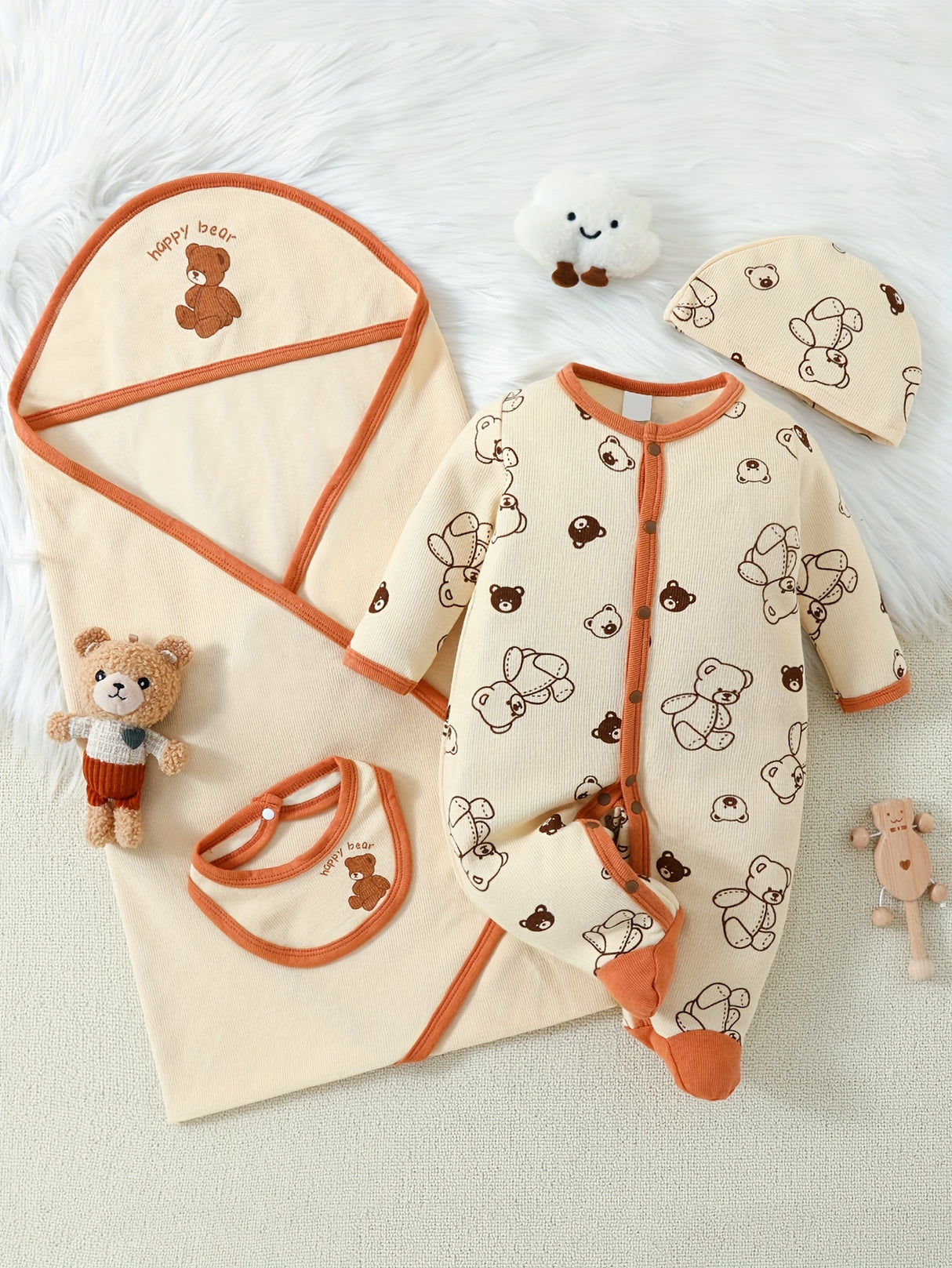 Baby Girl Romper Cute Bear Print Outfits, One-piece Romper + Hat + Baby Bib + Baby Blanket Four-piece Indoor And Outdoor Set
