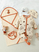 Baby Girl Romper Cute Bear Print Outfits, One-piece Romper + Hat + Baby Bib + Baby Blanket Four-piece Indoor And Outdoor Set
