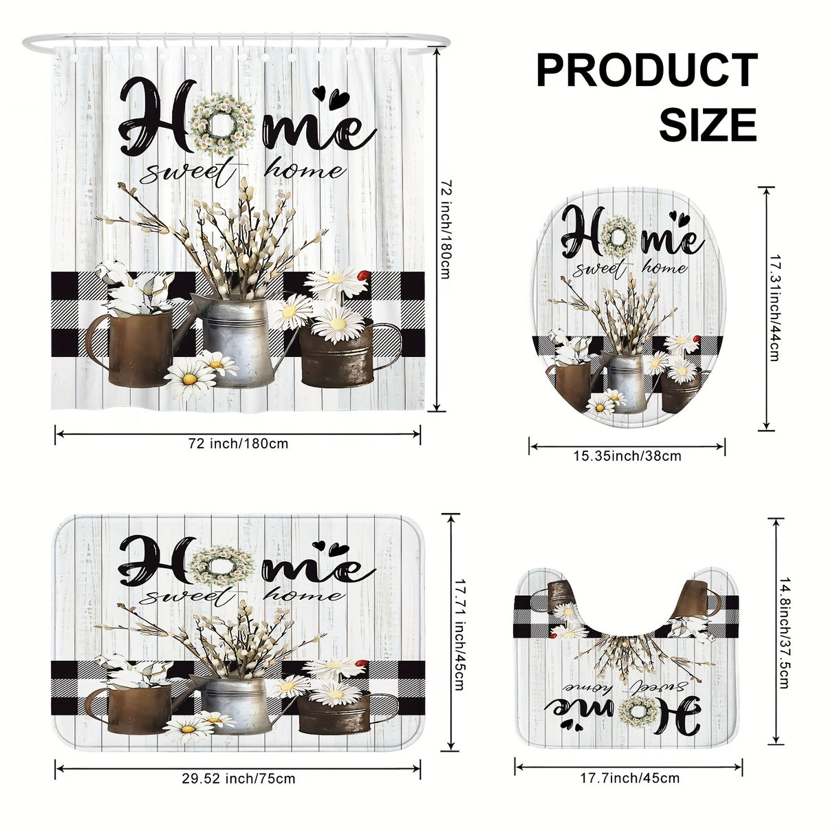 1/4pcs Deluxe White Daisy Pattern Shower Curtain Set - Bathroom Essentials with Non-Slip Mat, U-Shaped Toilet Mat, and 12 Hooks - Complete Bathroom Decor Solution