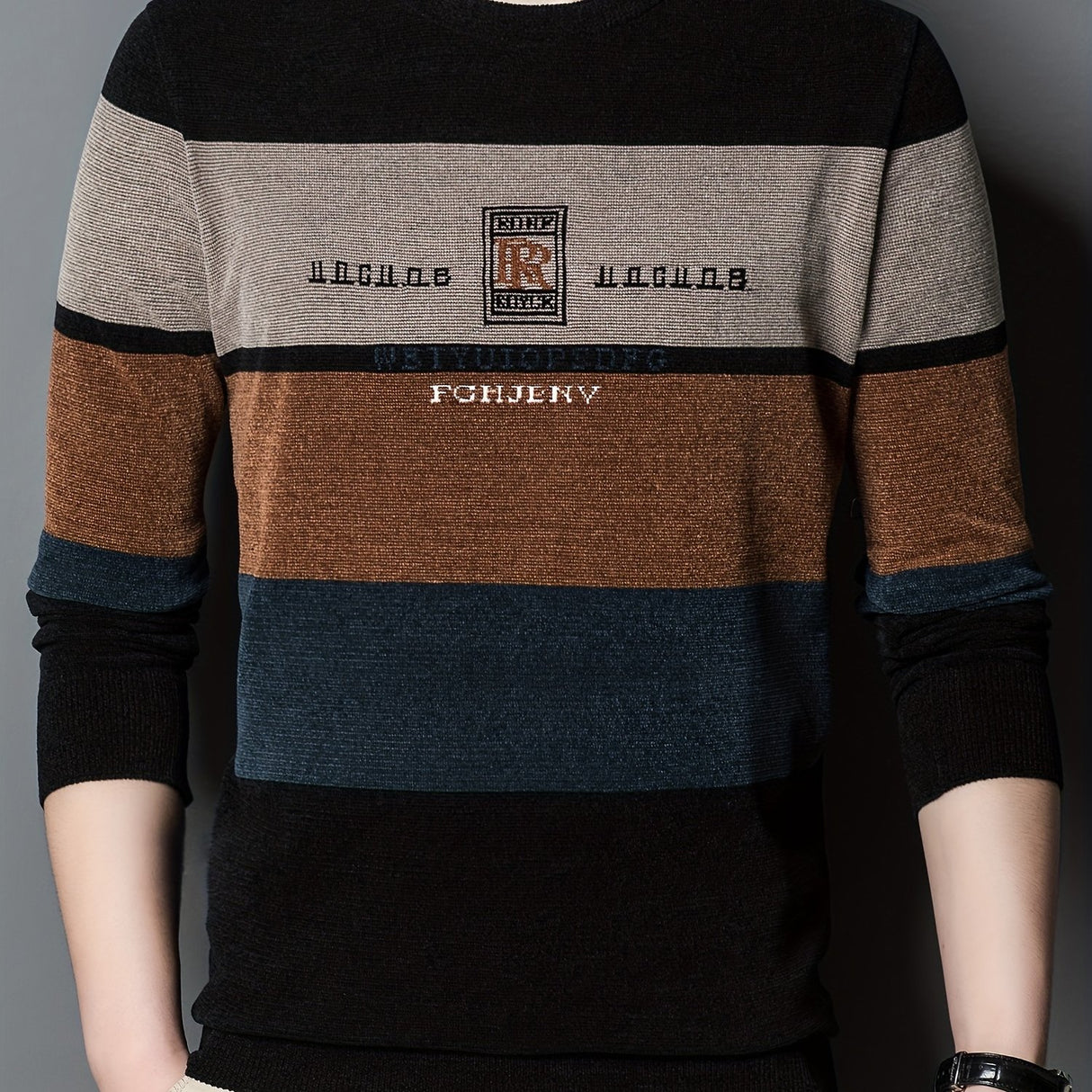 All Match Knitted Color Block Sweater, Men's Casual Warm High Stretch Crew Neck Pullover Sweater For Men Fall Winter