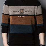 All Match Knitted Color Block Sweater, Men's Casual Warm High Stretch Crew Neck Pullover Sweater For Men Fall Winter