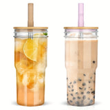 24 oz Wide Mouth Mason Jar Drinking Glass with Bamboo Lids and Straws 2 Pack, Smoothie Cup Reusable for Iced Coffee, Pearl Milkshake, Water, Juice BPA Free