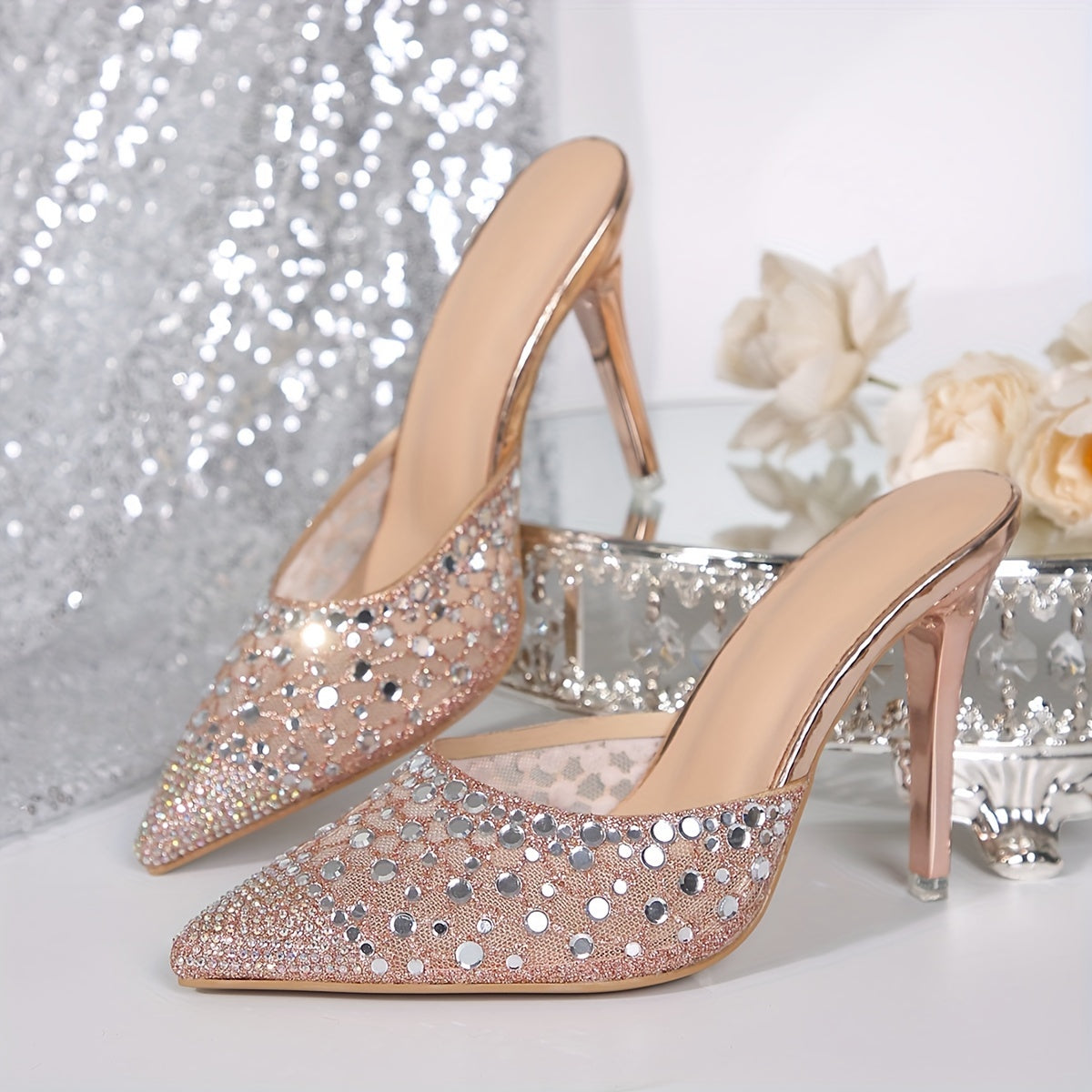 Luxury Rhinestone Mesh Pointed Toe High Heels For Women, Elegant And Charming, Breathable Net Ideal For Party