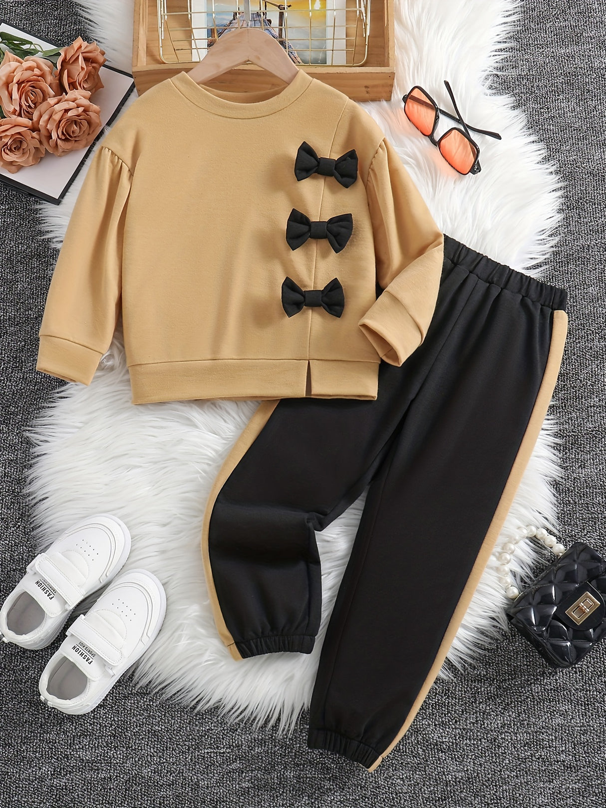 Girls 2pcs Sweatshirt & Elastic Waist Pants Set Bow Decor Long Sleeve Pullover Top Casual Kids Clothes Spring Fall