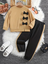 Girls 2pcs Sweatshirt & Elastic Waist Pants Set Bow Decor Long Sleeve Pullover Top Casual Kids Clothes Spring Fall