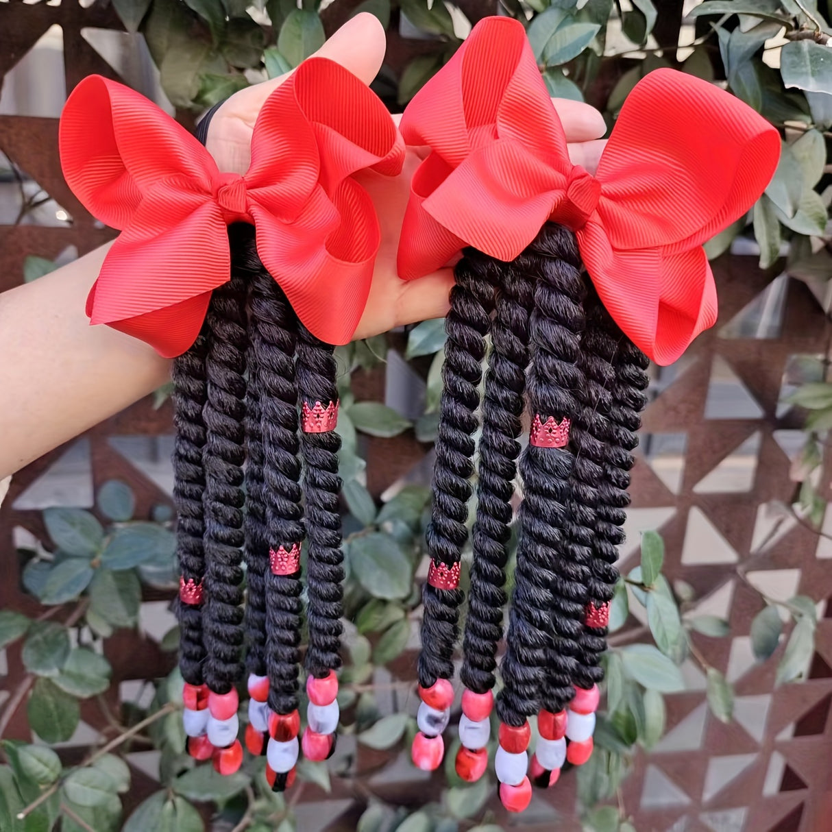 2pcs Delicate Braided Ponytail Hair Extensions - Exquisite Beads Decorations, Twist Dreadlocks Design, Stylish Ponytails, Adorable Hair Bows - Perfect for Girls and Young Women, Ideal for Casual Daily Wear, Leisure Activities