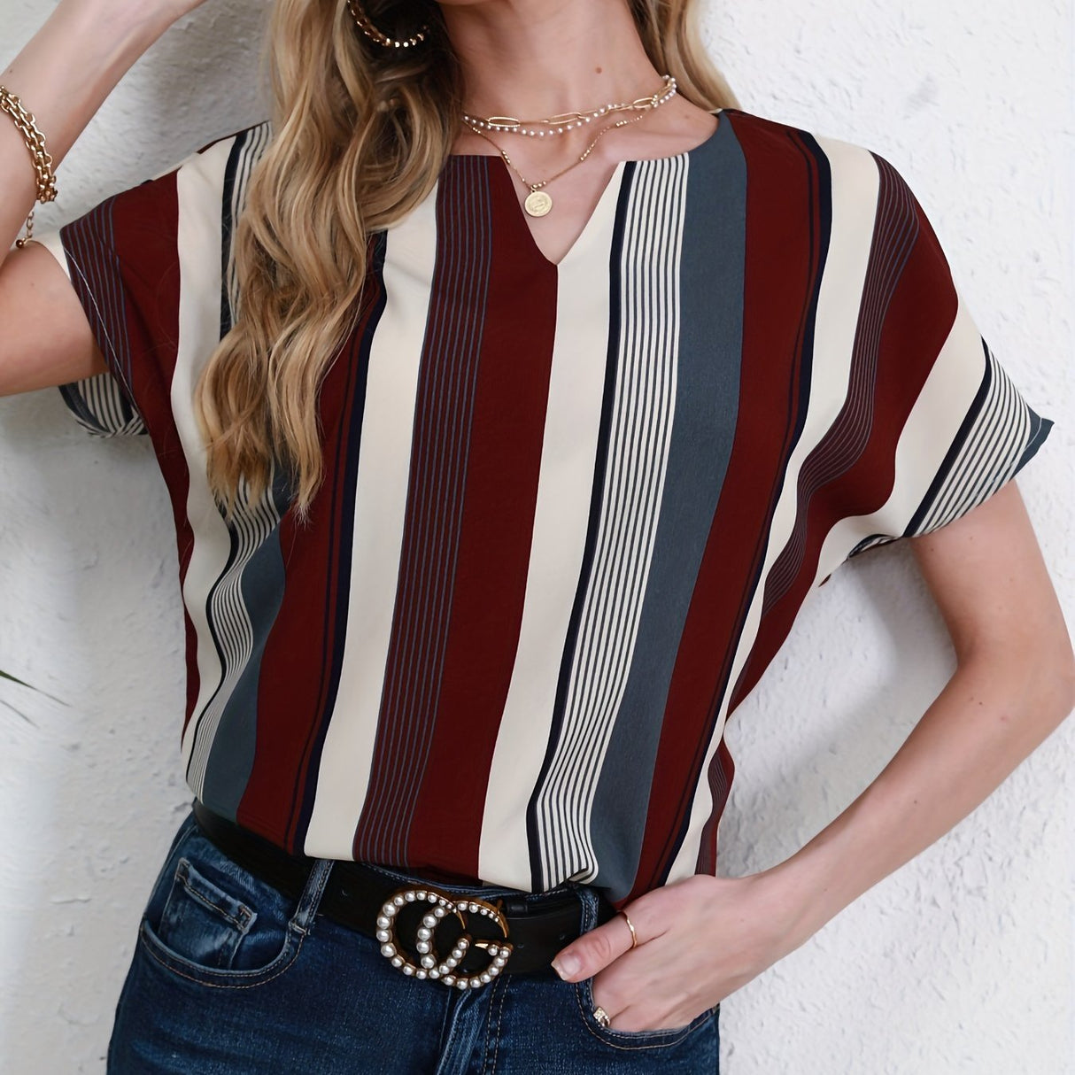 Striped Notched Neck Blouse, Casual Short Sleeve Blouse For Spring & Summer, Women's Clothing