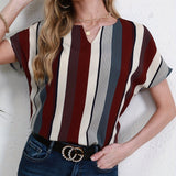 Striped Notched Neck Blouse, Casual Short Sleeve Blouse For Spring & Summer, Women's Clothing