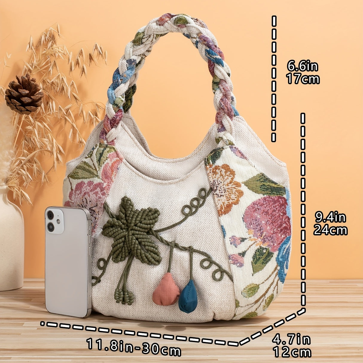 Bohemian Style Handmade Flower Tote Bag, Foldable, Zipper Closure, Fixed Shoulder Strap, with Wristlet, for Vacation