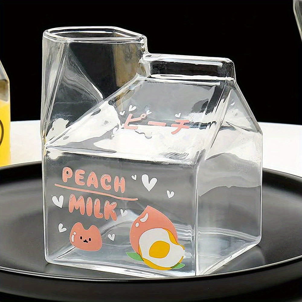 1pc Adorable Kawaii Glass Milk Carton Mug - 12 Oz Microwave Safe, Reusable, BPA-Free, Square-Shaped, Recyclable, Multipurpose Cup with Strawberry, Peach, Avocado, and Banana Print for Breakfast and Coffee