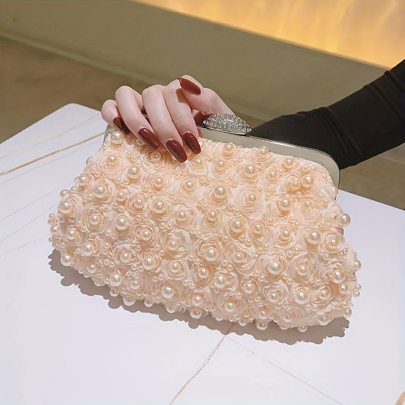Luxurious Faux Pearl Evening Clutch Bag - 3D Flower Embellished, Top Ring Design, Wedding Bridal Prom Banquet Purse with Elegant Look and Compact Size