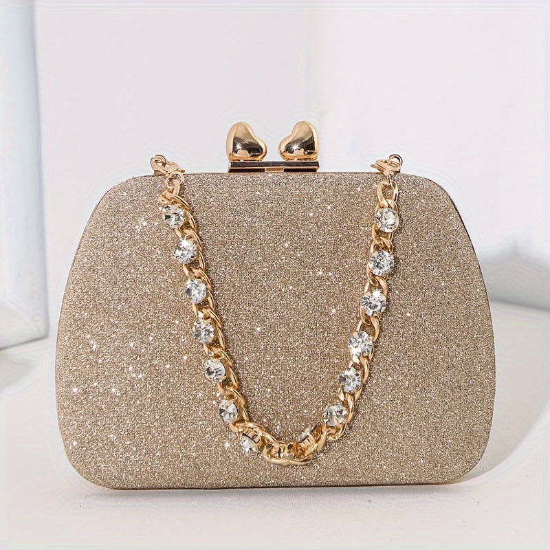Shimmering Heart Glam Clutch Bag - Studded Chain & Metal Detail - Versatile Evening Wear for Banquets & Parties - Durable PU Material
