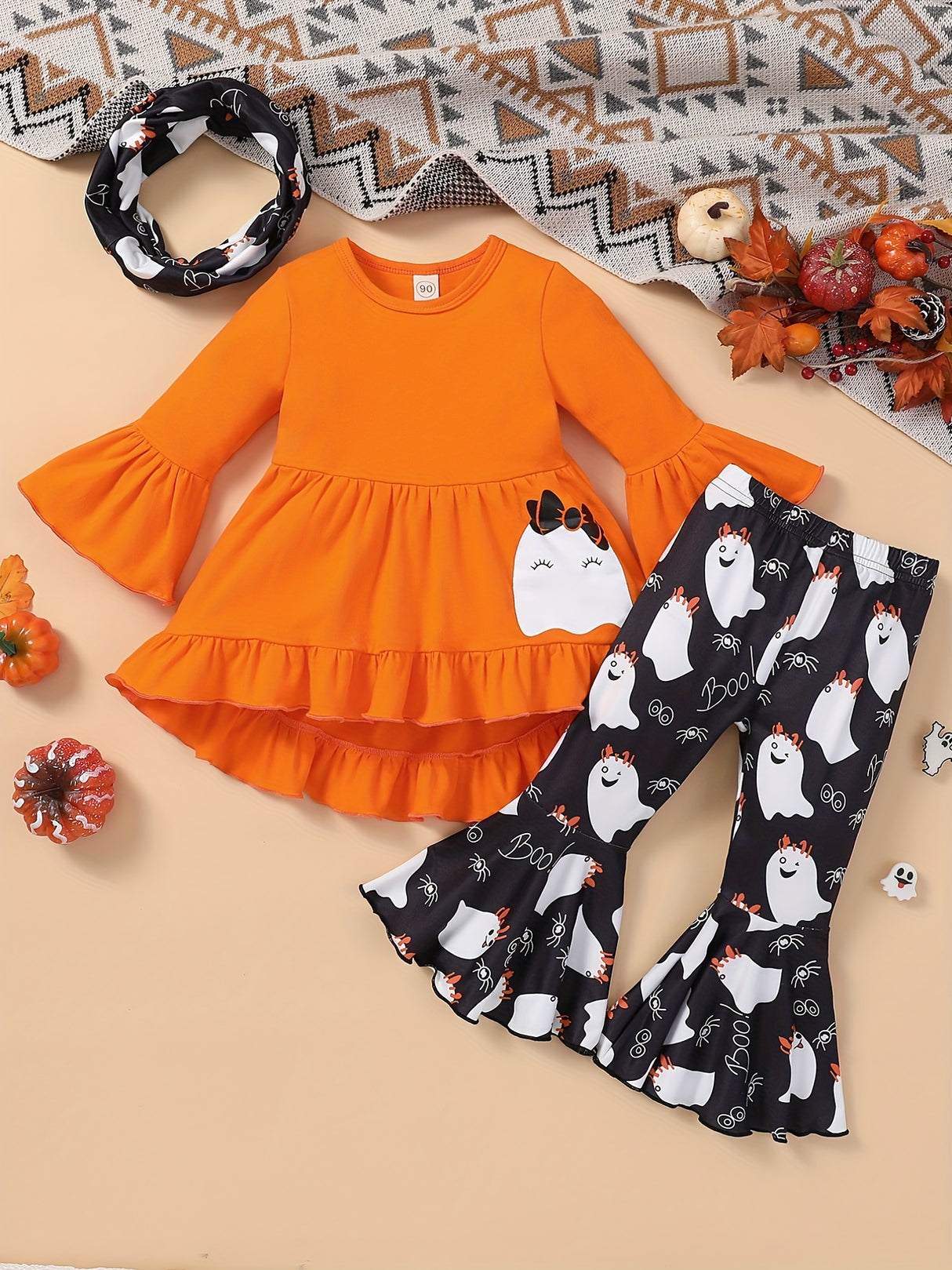 Girls 3pcs Ruffle Top & Elastic Waist Flared Pants & Scarf Set BOO Ghost Print Long Sleeve Pullover Top Halloween Style Casual Kids Clothes Spring Fall