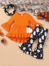 Girls 3pcs Ruffle Top & Elastic Waist Flared Pants & Scarf Set BOO Ghost Print Long Sleeve Pullover Top Halloween Style Casual Kids Clothes Spring Fall