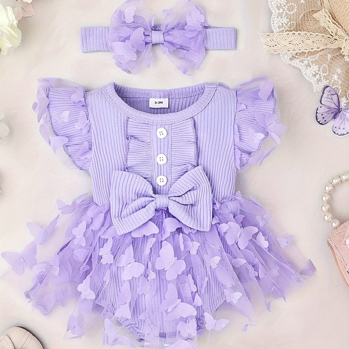 Baby Girl Clothes Cap Sleeve Butterfly Applique Romper Dress+Headband