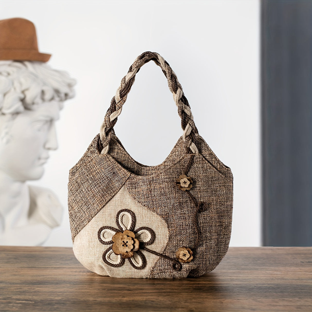 Bohemian Style Handmade Flower Tote Bag, Foldable, Zipper Closure, Fixed Shoulder Strap, with Wristlet, for Vacation