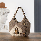 Bohemian Style Handmade Flower Tote Bag, Foldable, Zipper Closure, Fixed Shoulder Strap, with Wristlet, for Vacation