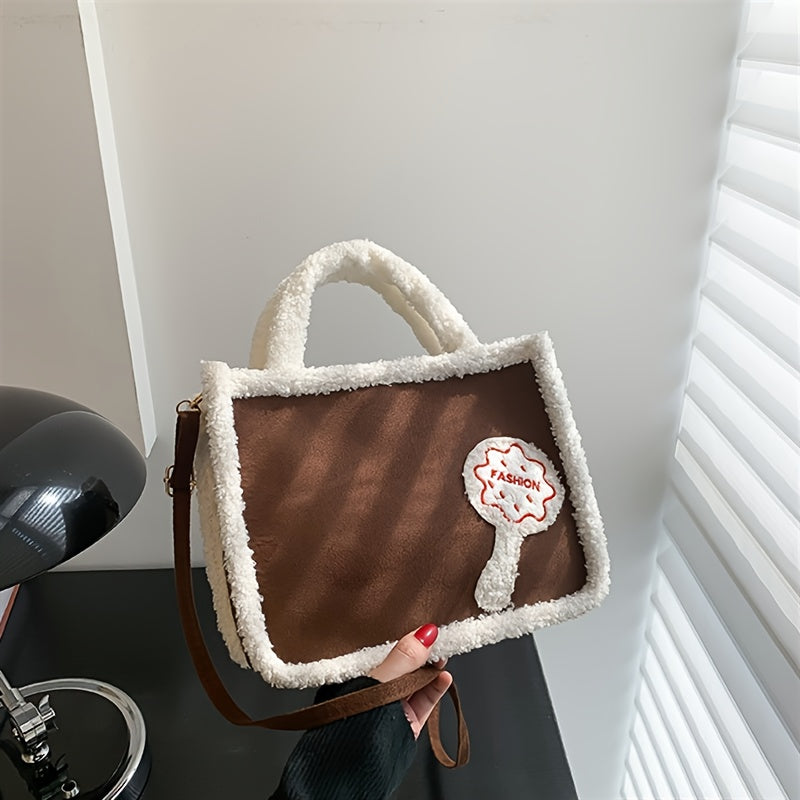 Plush Cow Pattern Tote Bag, Y2K Vintage Shoulder Bag, Fluffy Faux Fur Handbag For Women