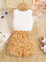Girls 2pcs Round Neck Sleeveless Tank Top & Elastic Waist Shorts With Belt Floral Love Print Casual Kids Clothes Summer
