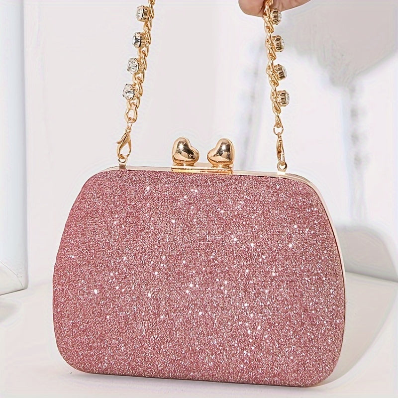 Shimmering Heart Glam Clutch Bag - Studded Chain & Metal Detail - Versatile Evening Wear for Banquets & Parties - Durable PU Material