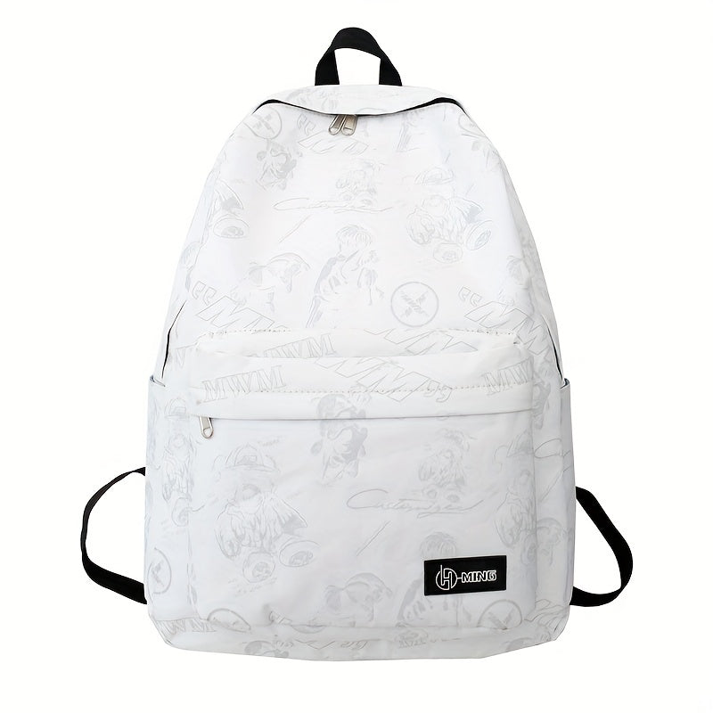 Reflective Graffiti-Style Large Capacity Backpack - Durable Nylon, Casual College & High School Bag with Laptop Compartment, Hand-Washable, Black with White & Gray Graphics, Backpack for School