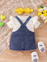 Baby Girl Outfit Summer Cute Strap Dress Set Headknot + Love Printed Climbing Clothes + Cowboy Bear Embroidered Strap Dress Three Piece Set With 0-18 Months, for Outdoor