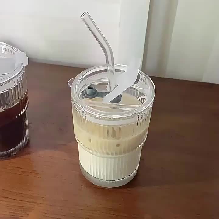1pc Ribbed Glass Tumbler With Lid And Straw, Origami Style Drinking Glass, Iced Coffee Cups, Summer Winter Drinkware, Travel Accessories
