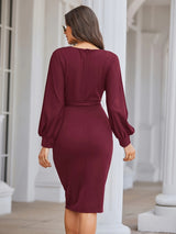 Solid Color Crew Neck Dress, Elegant Long Sleeve Belt Bag Hip Zipper Back Dress For Winter & Fall, Women's Clothing