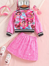Girls' 2pc Splicing Long Sleeve Varsity Jacket & Skirt, Sequin Effect Outfits Kids Clothes For Spring Fall Party