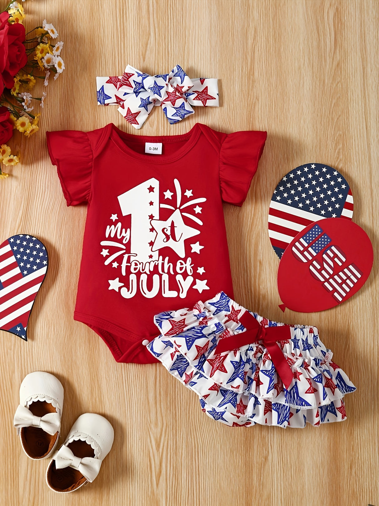 3pcs Baby Girl Summer "My First Independence Day" Embroidered Shoulder Short Sleeve Khaki + Star Full Print Lace Shorts Hair Band Set of Three