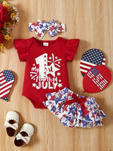 3pcs Baby Girl Summer "My First Independence Day" Embroidered Shoulder Short Sleeve Khaki + Star Full Print Lace Shorts Hair Band Set of Three