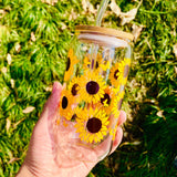 1pc, Sunflower Butterfly Drinking Glass With Lid And Straw, 16.9OZ/500ML Can Shaped Water Cup, Iced Coffee Cup, For Beer, Juice, Milk, Birthday Gifts, Drinkware