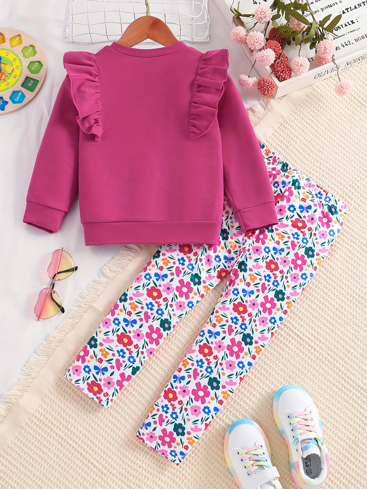Girls 2pc, Flutter Trim Long Sleeve Pullover + Flora Pants Kids Clothes For Spring Fall