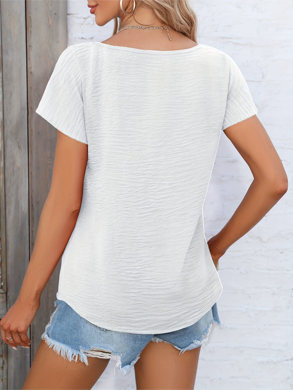 Womens Charming Solid Button Front Blouse - Casual V Neck, Short Sleeve, Perfect for Spring & Summer - Lightweight, Versatile, Ideal Everyday Style - Suitable for Multiple Occasions
