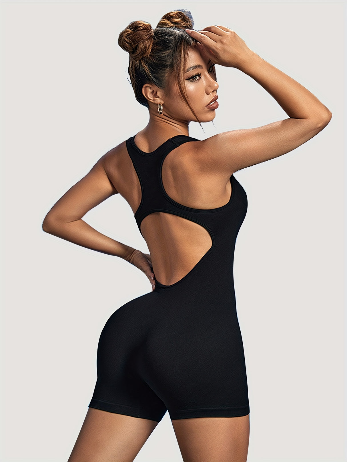 Women's Workout Rompers, High Stretchy Seamless Beauty Open Back Ribbed Tummy Control Bodysuits, Square Neck Solid Color Gym Sports Yoga Tank Short Jumpsuits Playsuits