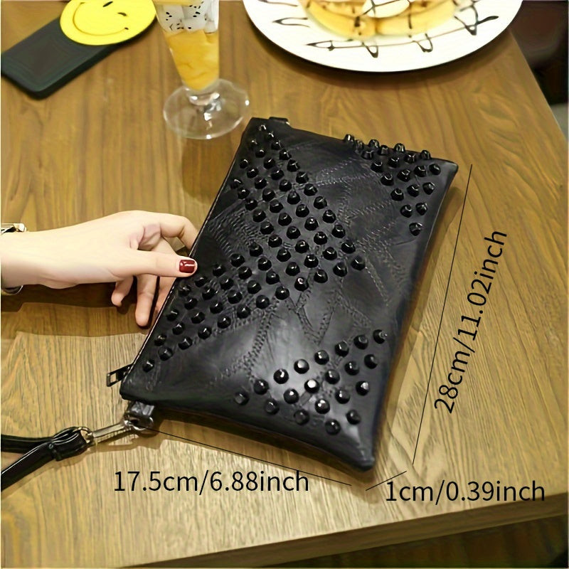 Trendy Punk Rivet Wristlet Clutch Bag for Women, Classic PU Leather Handbag