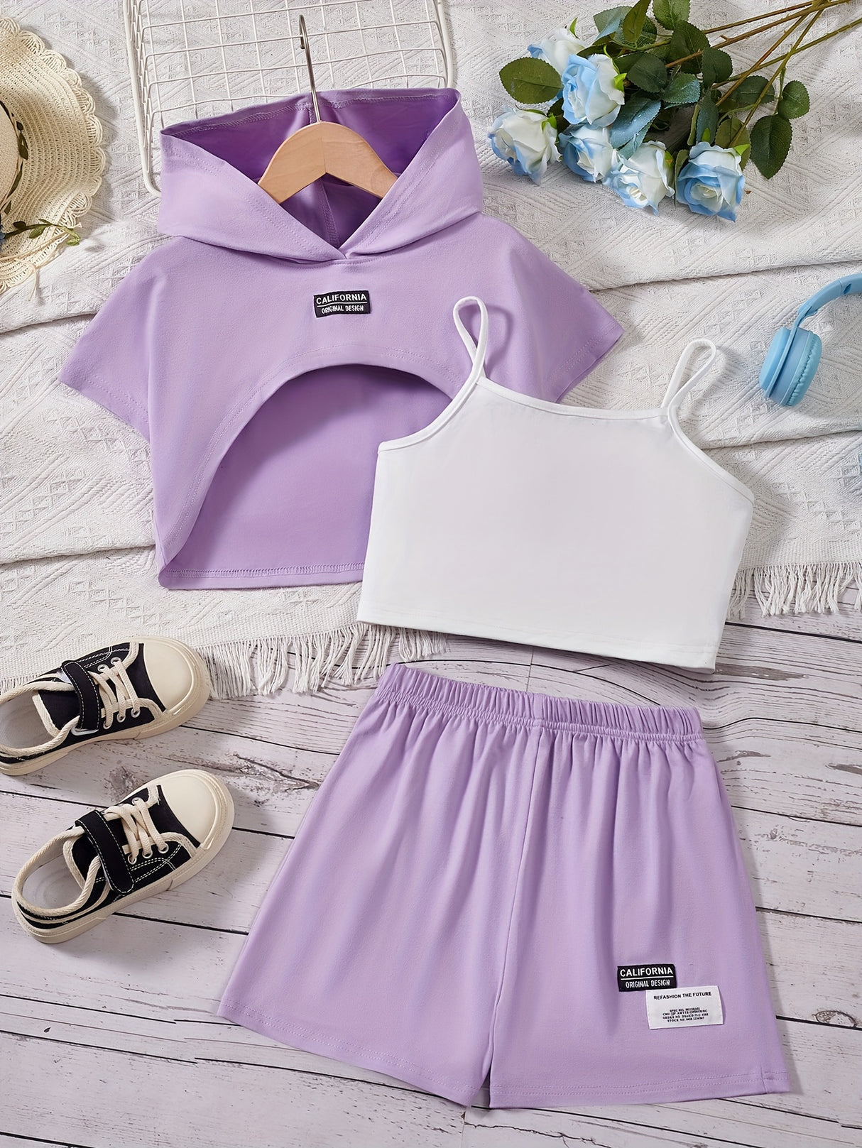 Girl's Stylish 3pcs, Hooded T-shirt & Camisole & Shorts Set, CALIFORNIA Patched Short Sleeve Top, Casual Outfits, Kids Clothes For Summer