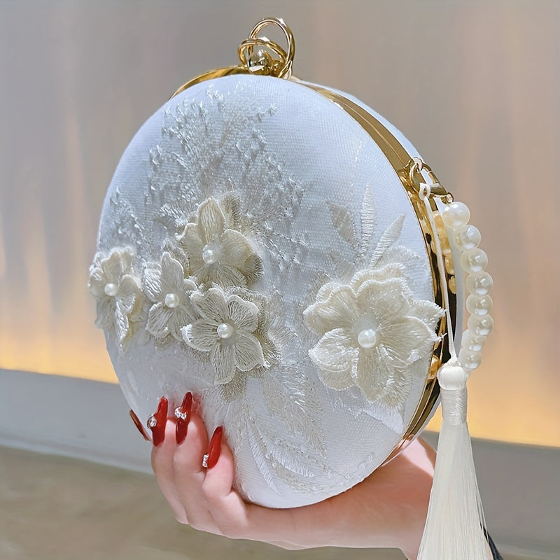 Vibrant Floral Embroidery Round Clutch Bag - Stunning Wedding Party Purse for Women, Elegant Hanfu Accessories with Delicate Flower Pattern, Perfect for Banquet and Formal Occasions