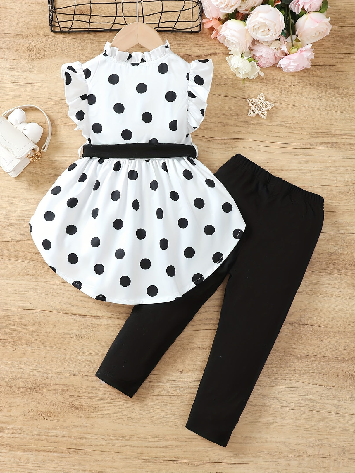 Little Girls Polka Dot 2pcs Ruffle Sleeveless Peplum Blouse Top & Legging Pants Set