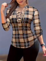 Casual Long Sleeve V Neck Plaid Print Drawstring Blouse - Women's Clothing