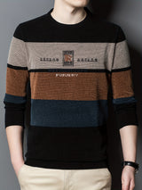 All Match Knitted Color Block Sweater, Men's Casual Warm High Stretch Crew Neck Pullover Sweater For Men Fall Winter