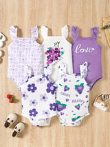 5pcs Baby Girls' Summer Rompers | Cute Fruit & Floral Print with Ruffled Straps | Soft Knit Fabric, Elastane & Polyester Blend | Button Closure | Multi-Color Pastel Yellow & White | Ideal for Playful Infants, Baby Girl Clothe