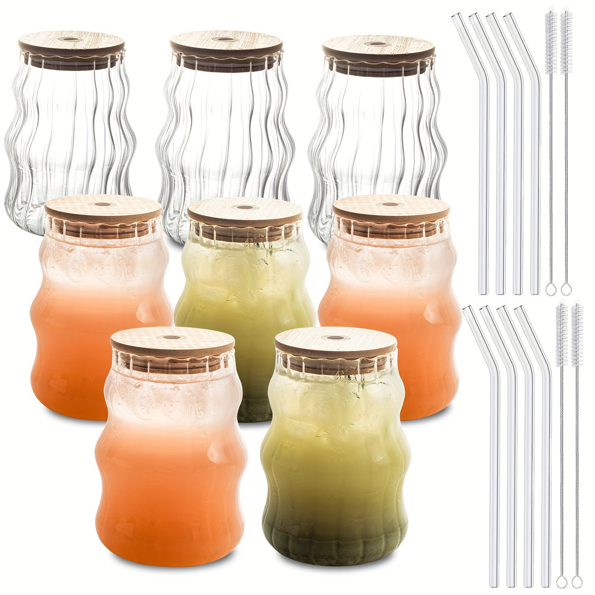 8PCS, Ribbed Drinking Glass Cups with Straws Set, 18 oz Aesthetic Iced Coffee Glasses, Wave Bubble Glasses Tumbler, Ripple Glassware, Beer Glasses for Coctail, Milk, Soda, Gift with Brush