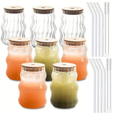 8PCS, Ribbed Drinking Glass Cups with Straws Set, 18 oz Aesthetic Iced Coffee Glasses, Wave Bubble Glasses Tumbler, Ripple Glassware, Beer Glasses for Coctail, Milk, Soda, Gift with Brush