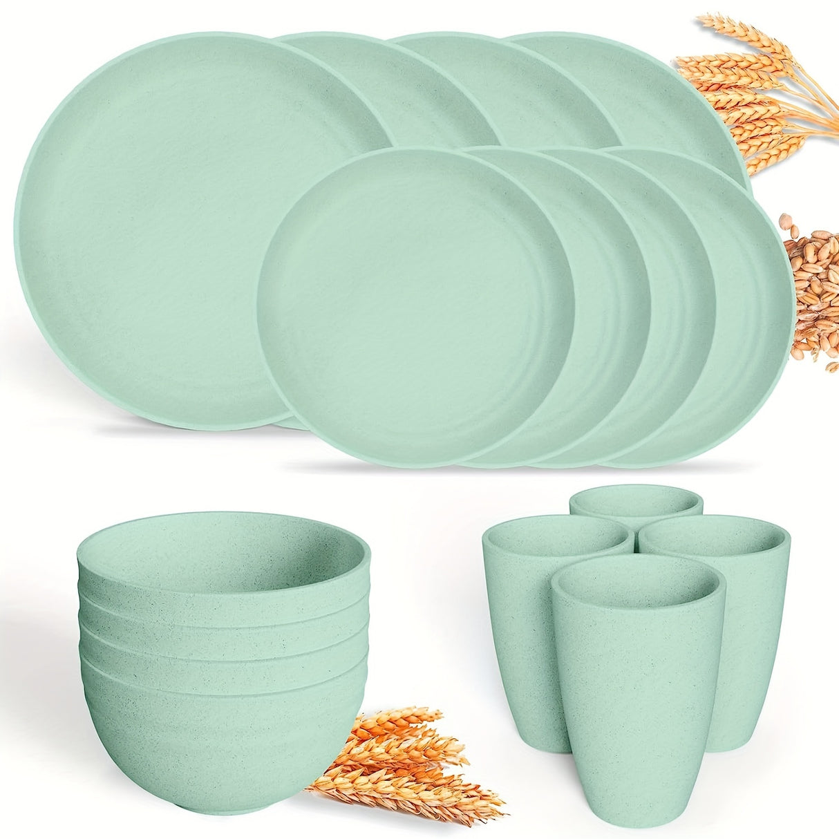 16pcs Unbreakable Wheat Straw Dinnerware Sets, Lightweight Plates Cups And Bowls Sets, Dishwasher Microwave Safe, For RV Outdoor Camping