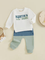 1 Set Toddler Boys Cotton Blend Casual Outfit - Long Sleeve Round Neck Top with Alphabet Print & Contrast Color Pants with Pockets, Regular Fit Knit Fabric for Fall/Winter, for Outdoor