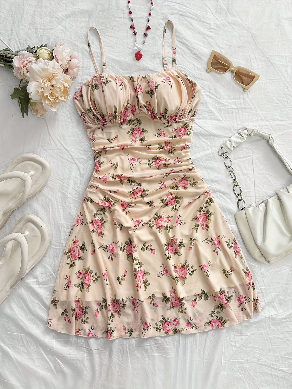 Elegant Floral Ruched A-Line Mini Dress for Women - Lightweight Summer Breeze, Perfect for Parties, Dates, Valentine'S Day, Easter, Mardi Gras, Beach Outings, Cruise, and Afternoon Tea, Elegant Outfit, Dress