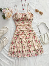 Elegant Floral Ruched A-Line Mini Dress for Women - Lightweight Summer Breeze, Perfect for Parties, Dates, Valentine'S Day, Easter, Mardi Gras, Beach Outings, Cruise, and Afternoon Tea, Elegant Outfit, Dress