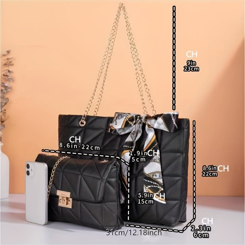 Quilted Detail Tote Bag Set: Classic Shoulder Chain Bag, Crossbody Purse with Scarf Decor