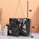 Quilted Detail Tote Bag Set: Classic Shoulder Chain Bag, Crossbody Purse with Scarf Decor